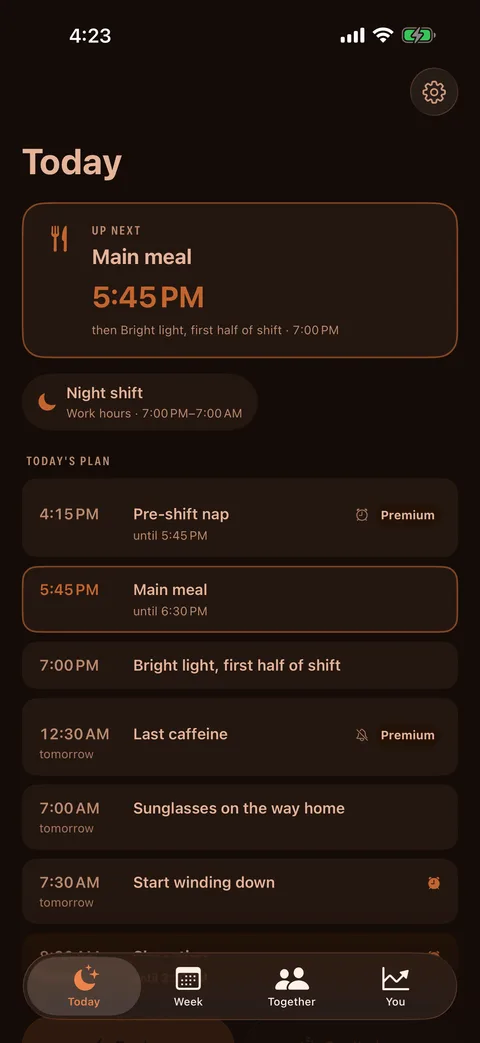 3AM's Today screen at 3am in the red-shifted night interface: Recovery Score, sleep debt, and tonight's plan