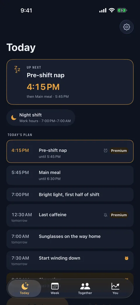 Today screen with a night shift plan: pre-shift nap, main meal, bright light, last caffeine, and sunglasses on the way home