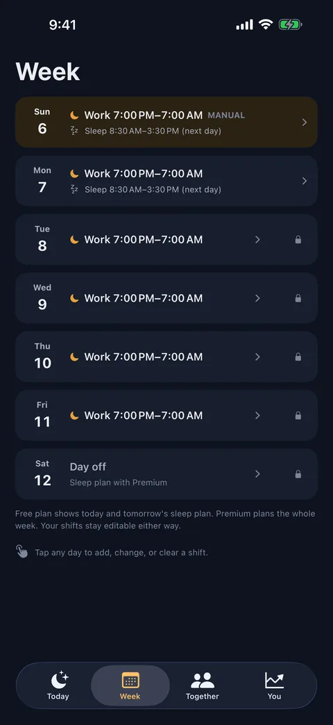 Week screen showing a rotating shift schedule with each day's sleep window and alarms